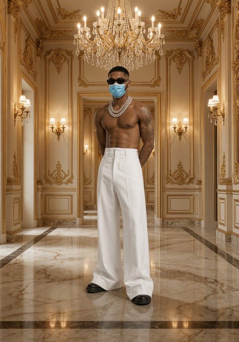 A shirtless, muscular man wearing a blue surgical mask, sunglasses, white pants, and a chain necklace standing in an ornate palace-like hallway with a chandelier and marble floors.