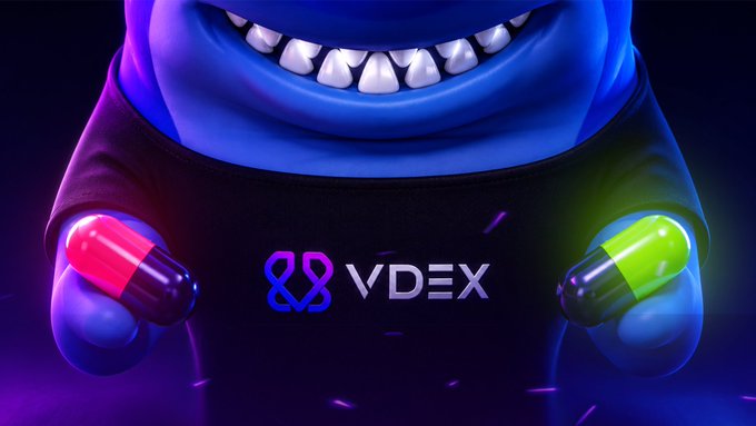 A 3D-rendered blue character wearing a black shirt branded with 'VDEX' logo, holding a red and a green capsule pill in each hand against a dark neon background.