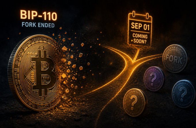 A promotional graphic announcing 'BIP-110 FORK ENDED' with text 'SEP 01 COMING SOON,' showing a gold Bitcoin splitting into question-mark coins along a glowing path.