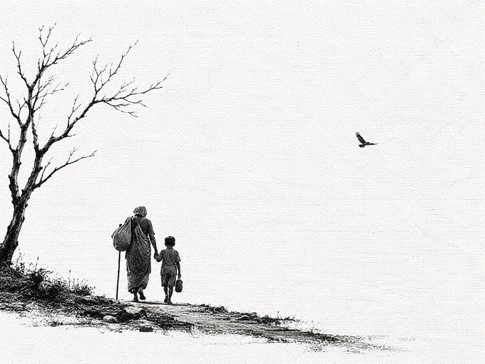 A black-and-white illustration depicts an elderly woman with a walking stick and a child walking along a shoreline, with a bird flying overhead and a bare tree on the left.
