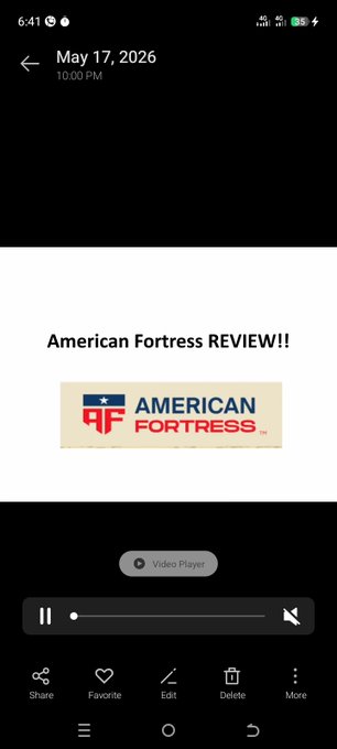 A mobile screenshot from May 17, 2026, showing a video player titled 'American Fortress REVIEW!!' with the American Fortress logo.