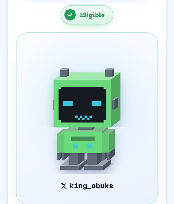 A pixel-art green bot character displayed on a digital profile card marked 'Eligible' with the username 'king_obuks'.
