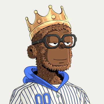 A digital illustration features a furry, brown anthropomorphic character wearing black glasses, a gold crown, and a blue and white pinstriped baseball jersey with the number '00'.