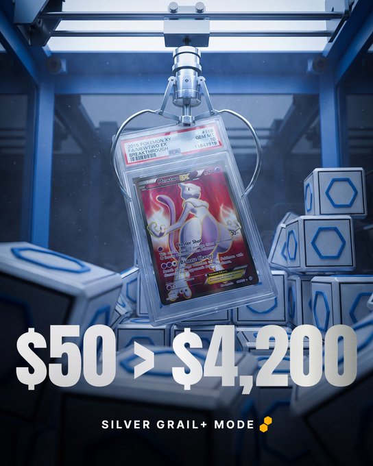 A promotional graphic for Silver Grail+ Mode showing a graded PSA Mewtwo EX Pokémon card clamped in machinery with text reading "$50 > $4,200" and "SILVER GRAIL+ MODE."