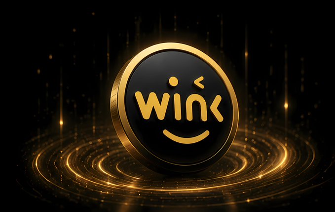 A 3D rendering of a black coin with a gold rim features a smiling face and the word 'wink' in gold lettering, surrounded by glowing gold rings on a black background.