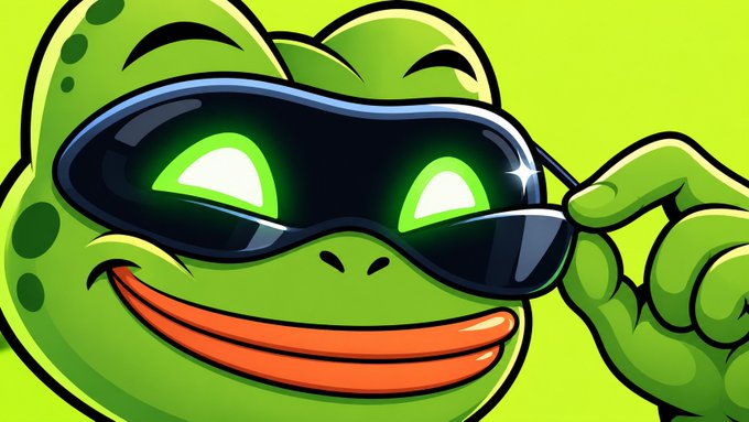 A cartoon illustration of a green Pepe-style frog wearing dark sunglasses against a bright green background, giving a thumbs up.