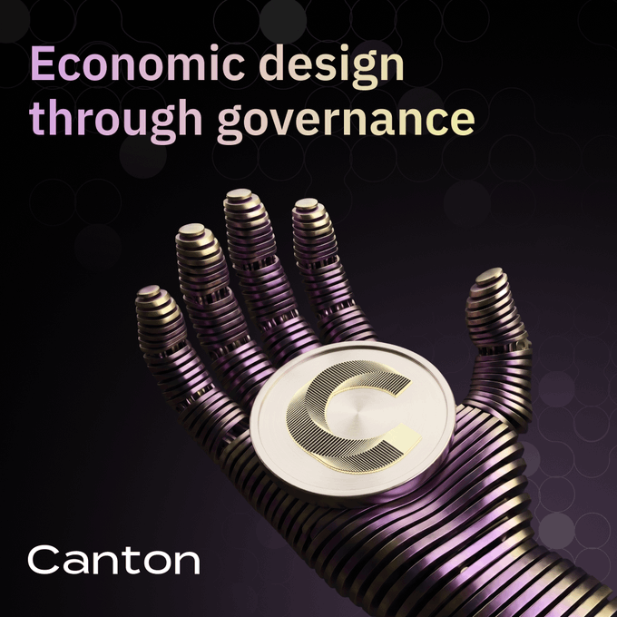 The image features a hand holding a coin with the letter "C" on it. The text above the image reads "Economic design through governance", which suggests that the coin might be related to an economic concept or idea, possibly related to tokenomics.