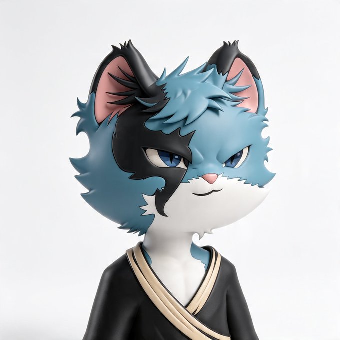 A 3D-rendered anthropomorphic cat character with blue and black fur wears a black kimono-style robe, fitting the post's appreciation of cute NFT art.