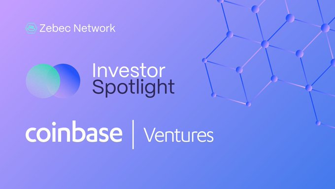 The image is a promotional graphic with a purple gradient background featuring the "Zebec Network" logo, an "Investor Spotlight" header, and the "Coinbase Ventures" logo, highlighting Coinbase's early investment in Zebec. This visual directly supports the post's point by illustrating Coinbase Ventures' role as an early backer of Zebec (raising the question of a potential $ZBCN listing on Coinbase) and emphasizing their existing investment relationship.