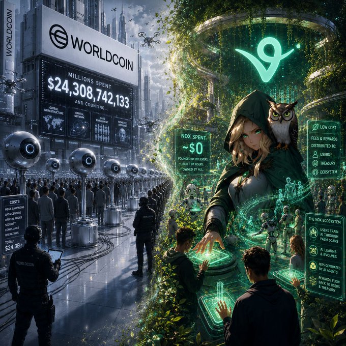 A split-screen image contrasts "Worldcoin," which has spent $24,308,742,133 on infrastructure, with the "Nox Ecosystem," which has spent ~$0 and operates as a low-cost, AI-driven platform funded by users and built by agents. The visual juxtaposes the costly, surveillance-heavy Worldcoin network against Nox's decentralized, community-powered model, reinforcing the post's argument that $NOX and @virtuals_io represent a low-cost, AI-embodied alternative.