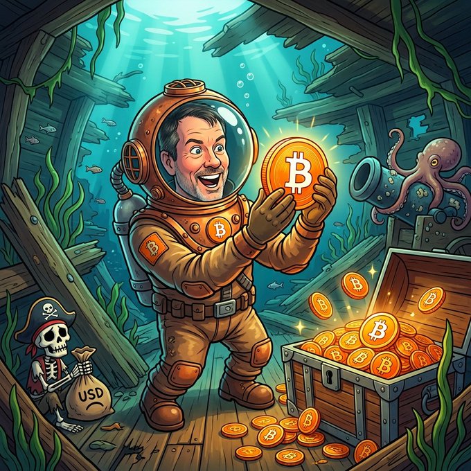 A cartoon deep-sea diver in a Bitcoin-branded diving suit joyfully holds up a glowing "₿" Bitcoin coin beside an overflowing treasure chest of gold Bitcoin coins, with an octopus and a skeleton with a "USD" sack lurking nearby—visually representing the discovery of Bitcoin as the "real treasure" over traditional fiat currency, aligning with the post's reference to Michael Saylor and Bitcoin's value proposition.