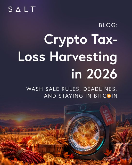A blog graphic by SALT titled 'Crypto Tax-Loss Harvesting in 2026' with subtitle 'WASH SALE RULES, DEADLINES, AND STAYING IN BITCOIN', showing a washing machine with Bitcoin coins and a basket of gold Bitcoin tokens against an autumn landscape.