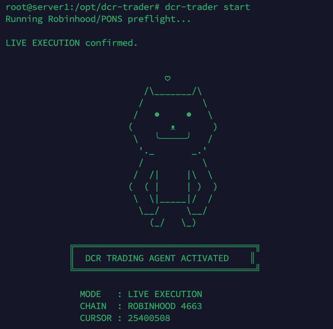 A terminal screen showing 'dcr-trader start' command with 'LIVE EXECUTION confirmed' and an ASCII art cat, displaying 'DCR TRADING AGENT ACTIVATED' with MODE set to LIVE EXECUTION on chain ROBINHOOD 4663.
