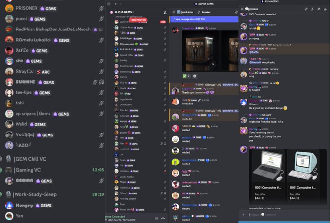 Screenshot of a Discord server called 'ALPHA GEMS' showing multiple voice channels with users online and active chat messages, including mentions of 'BUNKER' merchandise and a '1001 Computer' product.