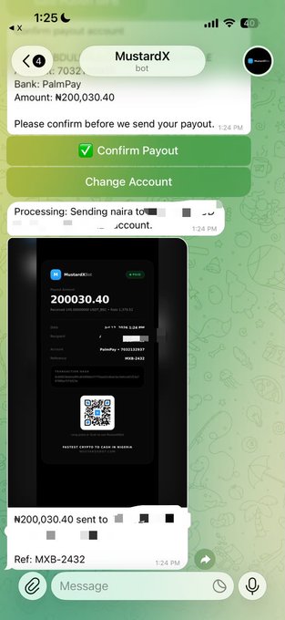 A screenshot of a Telegram chat with the MustardX bot showing a confirmed payout of N200,030.40 sent to a PalmPay bank account (Ref: MXB-2432), demonstrating the instant crypto-to-Naira settlement service advertised. The image visually validates the bot's promise of quick bank payouts for selling USDT, BTC, SOL, and USDC.