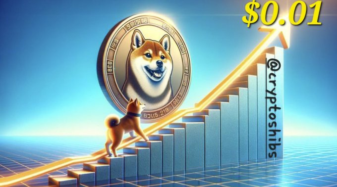 A crypto-themed image showing a Shiba Inu dog standing on ascending bar chart steps with an upward arrow, alongside a coin featuring the same dog and text reading '$0.01' and '@cryptoshitbs'.