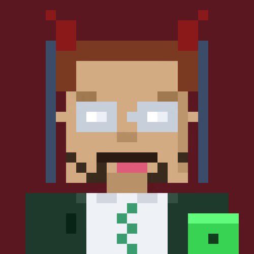 A pixel art portrait depicts a man with red horn-like accessories, glasses, and a mustache wearing a green jacket, with a small green block in the corner.