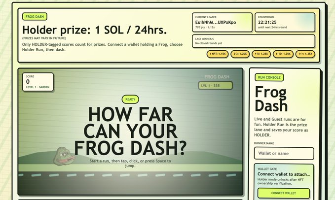 The image shows the "Frog Dash" arcade game interface with a daily holder prize of 1 SOL/24hrs, a live run console featuring the "HOW FAR CAN YOUR FROG DASH?" start screen, and details like the current leader "EuiNnhM...UXPkpo" with a score of 770 points and a countdown to the next prize round at 22:21:25. The layout visually represents the post's announcement of the Frog Arcade's Frog Dash, where players connect their wallets to compete for SOL rewards, highlighting that Frog holders can earn prizes by playing.