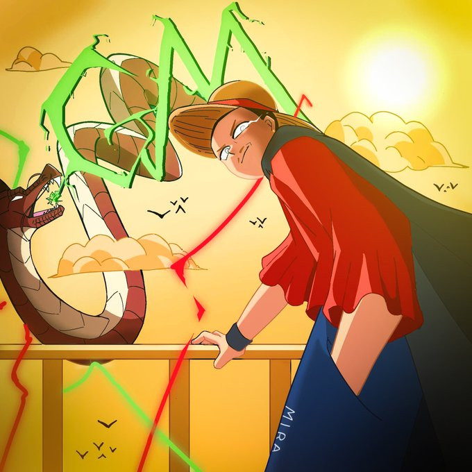 A digital illustration by 'MIRA' depicts a character in a red shirt and straw hat standing on a wooden deck facing a coiled snake with a green crown symbol, with red and green energy lines crossing in the foreground.