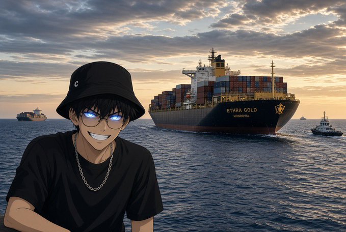 An anime-style man with glasses and a bucket hat smiling in front of a large container ship labeled 'ETHRA GOLD' at sunset.