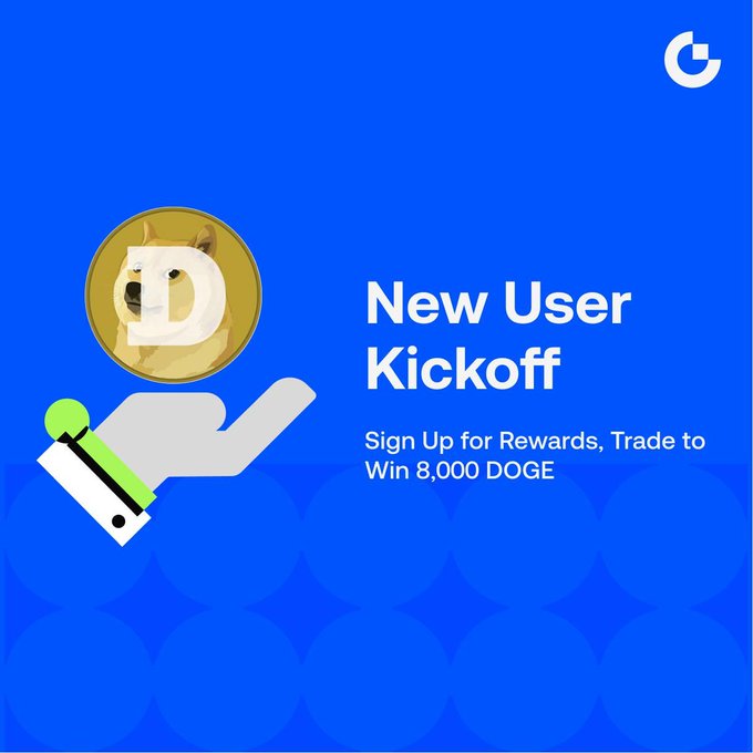 A promotional banner on a blue background features a Dogecoin coin held by a stylized hand, announcing a "New User Kickoff" campaign with the offer to "Sign Up for Rewards, Trade to Win 8,000 DOGE," alongside a "G" logo in the top corner, matching the post's details about new user rewards.