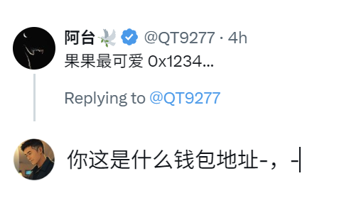 A screenshot of a Chinese social media reply from user @QT9277 saying '果果最可爱 0x1234...' with another user asking '你这是什么钱包地址-,-' (What wallet address is this?).