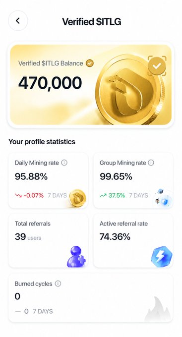 The image shows a "Verified $ITLG Balance" of 470,000, along with various profile statistics, including daily and group mining rates and referral metrics, all related to the InterLink ecosystem mentioned in the post.