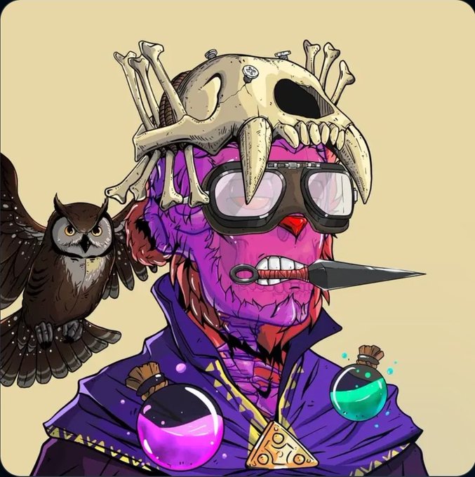 A digital illustration of a purple-skinned character with stitched facial features wearing goggles, a skull headdress with bones, and a purple cloak, accompanied by a small owl.