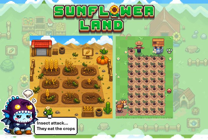 A colorful pixel-art game advertisement titled 'SUNFLOWER LAND' shows farming scenes with crops and characters, with a dialogue box at the bottom reading 'Insect attack... They eat the crops' from a small blue monster character.