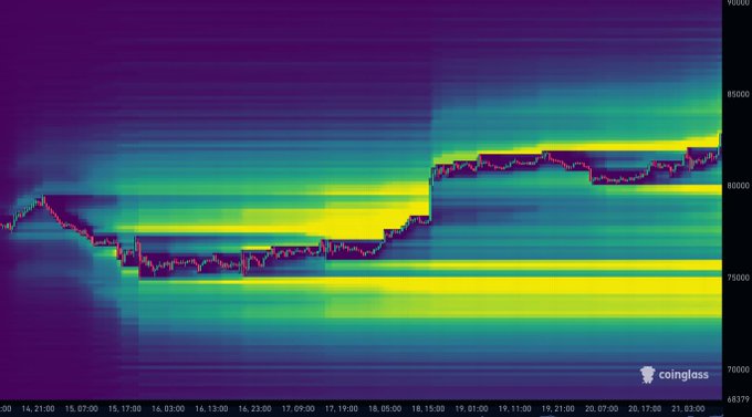 A heatmap visualization from Coinglass showing Bitcoin's price movement between $75,000-$80,000 over recent days, with liquidity clusters (bright yellow bands) concentrated around the $75,000 support level and $80,000-$81,000 resistance, illustrating the tension between BTC's attempt to break $82,000 and the heavy liquidity resting at $75,000.