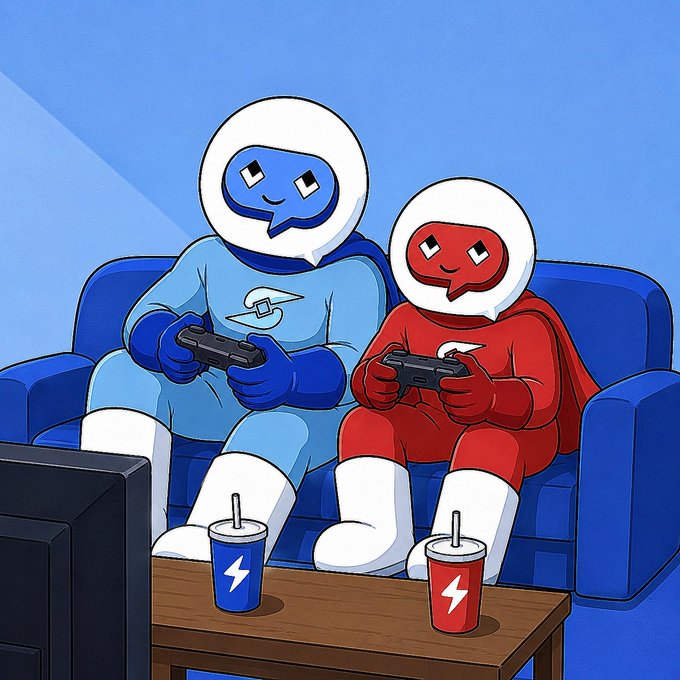 A colorful illustration of two superhero-like characters in blue and red outfits with speech-bubble heads playing video games together on a couch, with branded drinks on the table.