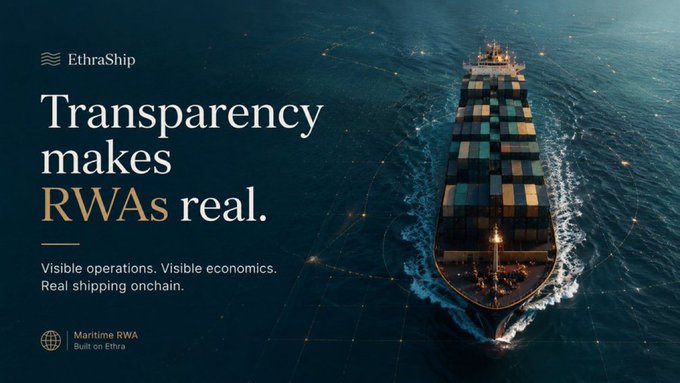 EthraShip advertisement reading 'Transparency makes RWAs real. Visible operations. Visible economics. Real shipping onchain.' over an aerial view of a cargo ship.