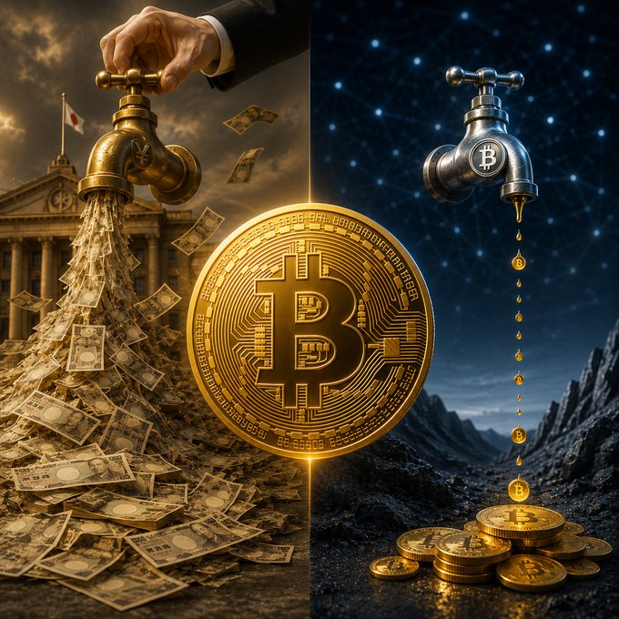 The image is split into two halves: on the left, a golden faucet gushes out an abundance of Japanese yen banknotes beneath a government building, symbolizing the unlimited human-controlled money supply, while on the right, a metallic Bitcoin faucet slowly drips scarce BTC coins against a starry digital backdrop, illustrating Bitcoin's predetermined, diminishing issuance. A large Bitcoin coin divides the two sides, reinforcing the post's message that central bank currencies are manipulated at will, whereas Bitcoin's fixed monetary policy—unchanged since its inception 17 years ago—ensures fairness through no exceptions.