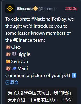 A Binance tweet celebrating #NationalPetDay by introducing lesser-known team members' pets: Cleo, Biggie, Semyon, and Maui, with a request to comment a picture of your pet.