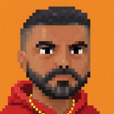 A pixel art portrait of a bearded man in a red hoodie with a gold chain against an orange background.