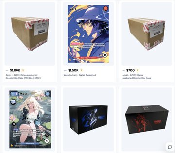 A grid of anime merchandise listings, featuring boxed booster packs for 'AZKI Series Awakened Booster Box Case (PREBA CASE)' and 'Zora Porone - Series Awakened' priced at $1.50K and $700.