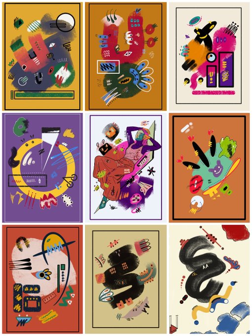 A grid of nine colorful abstract illustrations featuring bold shapes, faces, and figures in various color palettes including yellow, purple, red, and beige backgrounds.