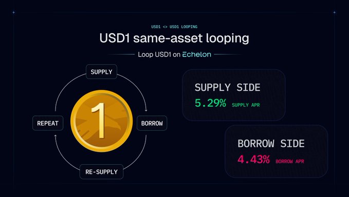 The image features a graphic that demonstrates how to use looping to maximize yield when using a stablecoin like Bitcoin or Ethereum, with the USDC loop being highlighted. It also explains that if one wishes to achieve double-digit yield, they should enable E-Mode in their wallet and focus on supplying USD1 while simultaneously loaning it out to borrow more, as suggested by the post's title "Loop USDC same-asset looping". The image is a part of a larger presentation or tutorial that provides instructions on how to optimize one's yield using this strategy.