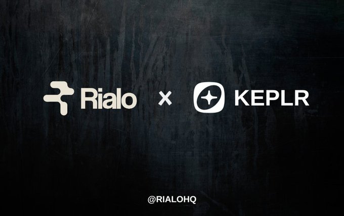 A promotional graphic showing a collaboration between 'Rialo' and 'KEPLR' on a dark textured background, with the handle '@RIALOHQ' at the bottom.