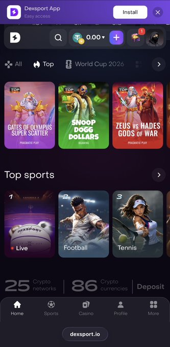 The Dexsport App displays options for games like "Gates of Olympus," "Snoop Dogg Dollars," and "Zeus vs Hades," as well as top sports like Football and Tennis, with "World Cup 2026" also visible. This aligns with the post about making predictions before kickoff during the tournament.