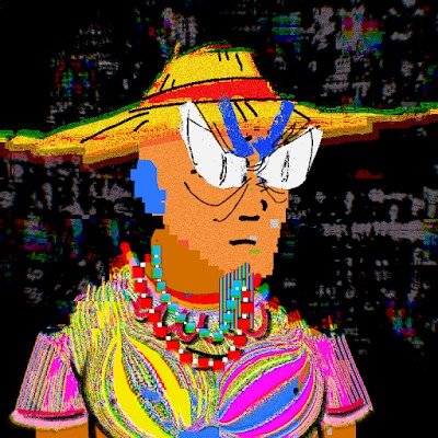 A glitchy, pixelated digital illustration of a cartoon character wearing a straw hat with a red band and sunglasses, dressed in vibrant multicolored patterned clothing against a dark background.