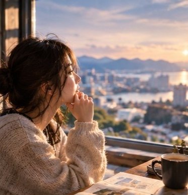 A woman in a cream knit sweater gazes out a window at a cityscape and bay at sunset, with a coffee mug and book on the table.
