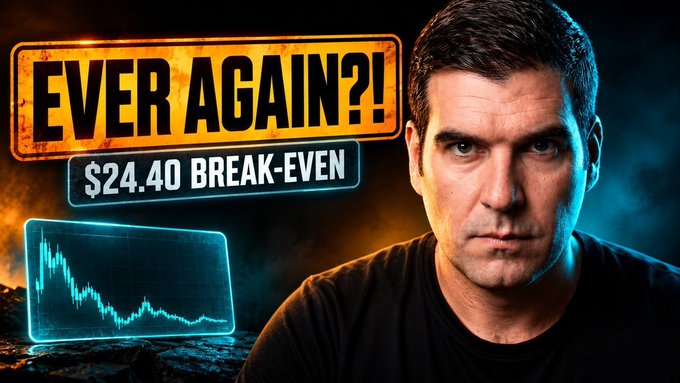 A serious-looking man appears beside bold text reading "EVER AGAIN?! $24.40 BREAK-EVEN" and a declining stock chart graphic, visually emphasizing the YouTube video's theme of ICP's steep value loss from late 2021 and the question of what price level would be needed to recover the initial $10,000 investment.