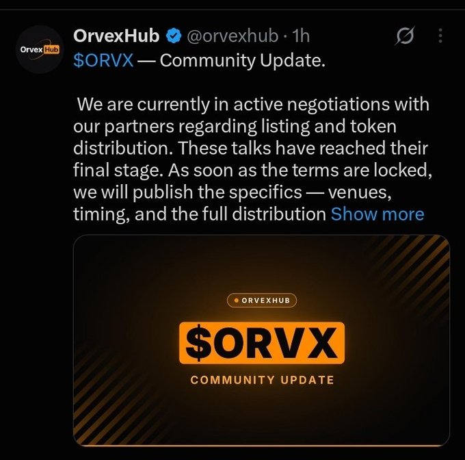 An OrvexHub (@orvexhub) social media post announces community updates regarding $ORVX token listing and distribution negotiations, accompanied by an orange 'COMMUNITY UPDATE' graphic.