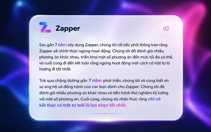 A Vietnamese-language announcement from 'Zapper' stating that after nearly 7 years, the platform will be discontinuing its operations.