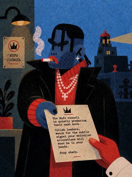 An illustrated scene of a masked figure smoking a cigarette and wearing a cross necklace while handing a paper to another person. The note reads: 'The Bufo council is quietly preparing their next move. Collab leaders, watch for the subtile signal your whitelist allocations will soon be in your hands. Stay sharp.' A sign in the background reads 'BUFO COUNCIL.'