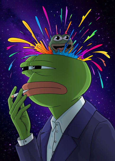 urn of fire, frog with green head and orange body, and rainbow-colored explosion are depicted against a purple backdrop.