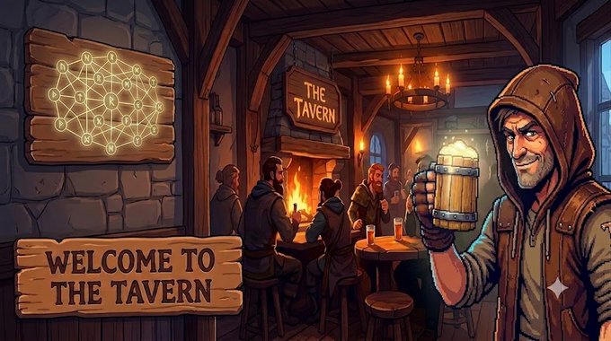 A hooded tavern keeper raises a frothy mug inside "The Tavern," where adventurers gather around a fireplace and various patrons enjoy drinks. Wooden signs display "THE TAVERN" and "WELCOME TO THE TAVERN," with a glowing network node diagram tying into the $TAVERN token's launch announcement.