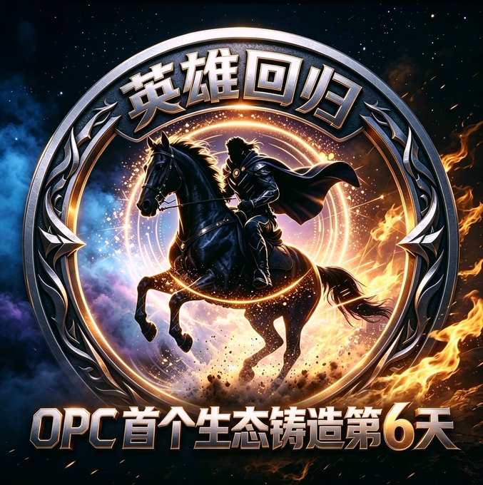 A fantasy-style promotional graphic features a warrior on a rearing black horse surrounded by fire, with Chinese text '英雄回归' at the top and 'OPC首个生态铸造第6天' at the bottom.