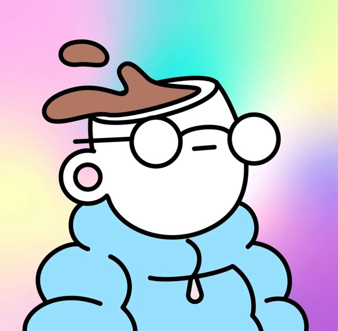 A cartoon illustration of a muscular character wearing a blue hoodie with glasses and a headband, with brown splat-like shapes on their head, set against a pastel rainbow gradient background.